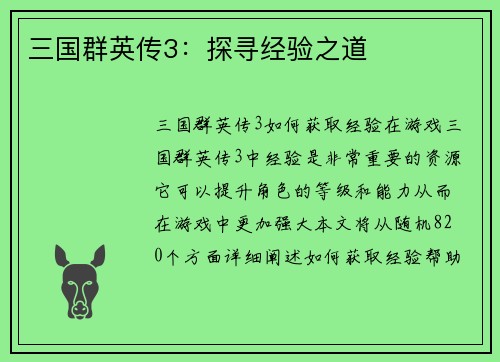 三国群英传3：探寻经验之道